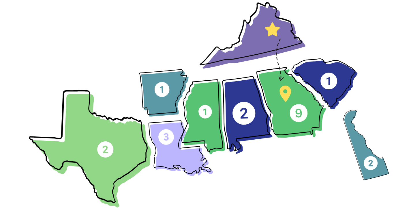 Image is a map of the following states and the number of community partners in each state: Texas (2), Arkansas (1), Louisiana (3), Mississippi (1), Alabama (2), Georgia (9), South Carolina (1), Delaware (2)